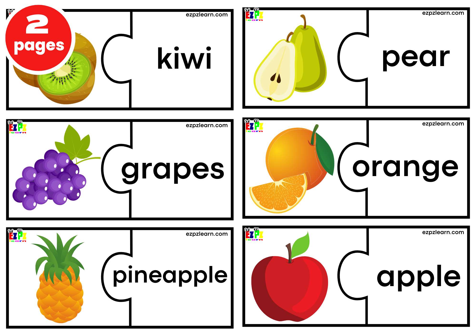 Fruit Puzzle Match Game. Large Size 6 Words per page. Free PDF Download ...